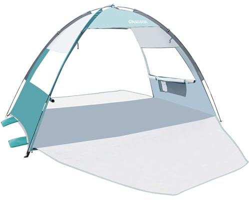 OutdoorMaster Beach Tent for 3 Person with 2 Doors, Easy Setup Sun Shade Shelter, Portable Beach Shade Sun Canopy with UPF 50+ UV Protection, Extendable Floor with Carrying Bag