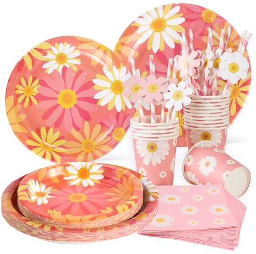 Homarkable Juego Completo de Vajilla para 16 Personas con Diseño de Margaritas - Incluye Plato, Vaso, Servilleta y Pajita por Invitado - Combinación Blanco y Naranja para Bodas, Cumpleaños