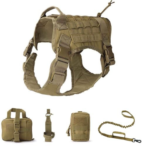 RUYICZB Hundegeschirr Und MOLLE System Set, Hundegeschirr Für Mittel Groß Hunde Hundewestengeschirr Mit Wasserflaschentasche Medizinische Erste Hilfe Tasche Und Mehrzwecktasche,Mud,XL