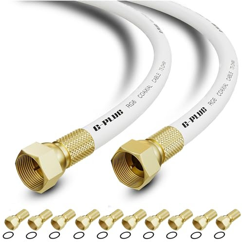 G-PLUG 50m Koaxialkabel RG6 für TV, Satelliten, HDTV, Radio, Full HD, Sat Verlängerung mit 10x F-Stecker Kompressionsstecker, Weiß