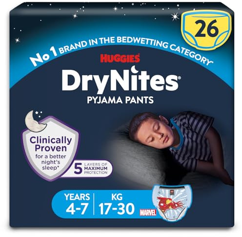 HUGGIES DryNites Pyjamasbyxor, pojkar 4-7 år (17-30 kg), 26 x sängkläder byxor, upp till 100% läckagefria nätter