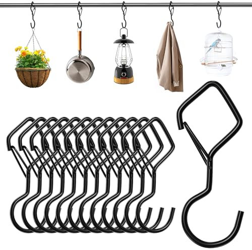 GIPTIME 12 Stück S Haken mit Sicherheitsschnalle, Edelstahl, 100% Stahl, S-förmig, für Küchenutensilien, Bad, Büro, Garten, Außenbereich, Wandmontage, 20 kg Tragfähigkeit, Schwarz