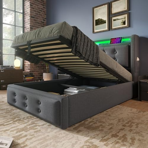 KUAKE Polsterbett 90x200cm, Einzelbett mit Stauraum und Lattenrost, LED Kopfteil mit USB Ladefunktion, Stauraumbett Funktionsbetten Rückenlehne Bettgestell, Baumwolle (Grau, 90x200cm)
