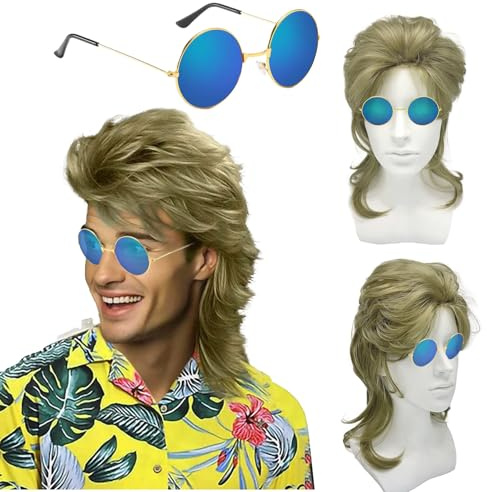 UILYNIU PERRUQUE MULLET_homme avec lunettes de soleil - Style pop rock - Longue et bouclée - Carnaval, Halloween, fête costumée - Blond clair
