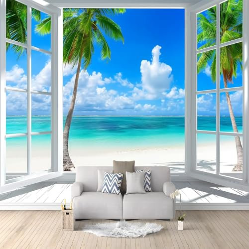 Fotomurales 3D Mar Paisaje Marino Ventanas Tropicales 300x210 cm Papel Pintado Fotográfico, Decoración De la Pared Murales para Salón, Dormitorio, Habitación para Niños, Pared de TV