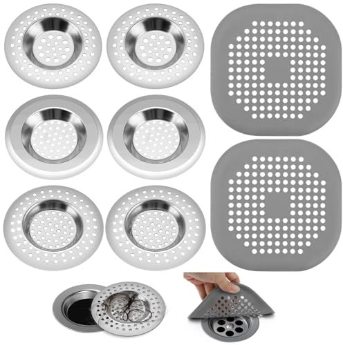 8 Stück Abflusssieb Edelstahl, Abflusssieb Küchenspüle, Edelstahl Spülbeckensieb, Silikon Abflusssieb mit Saugnapf, Abflusssieb Dusche, Waschbecken Sieb, Spüle Filter Sieb für Küche, Badezimmer