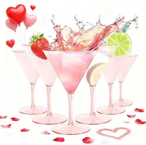 Liacere Martini Glasses Set of 6-11 oz Pink Plastic Martini Cocktail Glasses with Stem-Reusable Cocktail Glasses for Bar,Margarita,Whiskey,Gin,Tequila,BPA-Free, Dishwasher-Safe ＆ Valentine’s Day