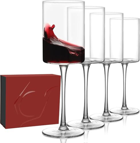Juego de 4 copas de vino tinto de 400ML– diseño elegante con tallo largo, vasos de vino originales de cristal sin plomo, copas de pie premium para cena, boda, regalo chic – Presentación medieval