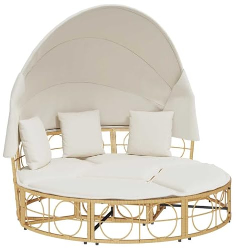 Lettino da sole esterno vitaXL, rattan PE, polyrattan, resistente, comodo, con baldacchino e cuscini, 160 x 151 cm, crema