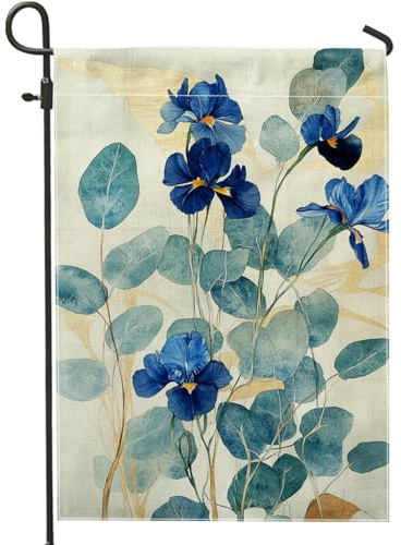 Spring Summer Blue Iris Garden Flag, Elegant Floral Home Decor Yard Flags, Double Sided Burlap Lawn Decoration for Outdoor Events and Parties 12x18 Inch