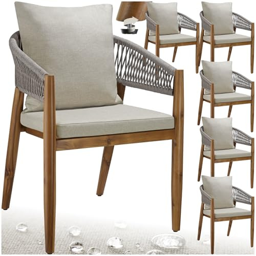 tectake® Gartenmöbel Set, Gartenstuhl Holz Rope Design, Balkon Sessel, Outdoor Möbel, Gartenstühle, Balkonmöbel, Terrassenmöbel, Wintergarten, Sitzgruppe Outdoor, Balkonstühle - Greige, 6er Set