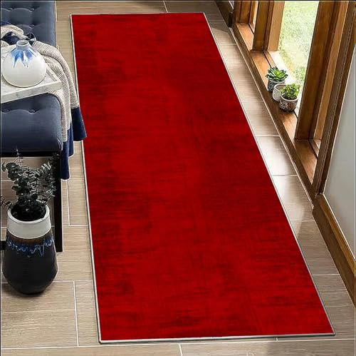BORKOY Tappeto Runner Passatoia Cucina e Corridoio 6 metri Rosso Tinta Unita Antiscivolo Lavabile - Moderno e Resistente per Interni, Entrata, Bagno, Scale - Pelo Corto Geometrico 80x600cm
