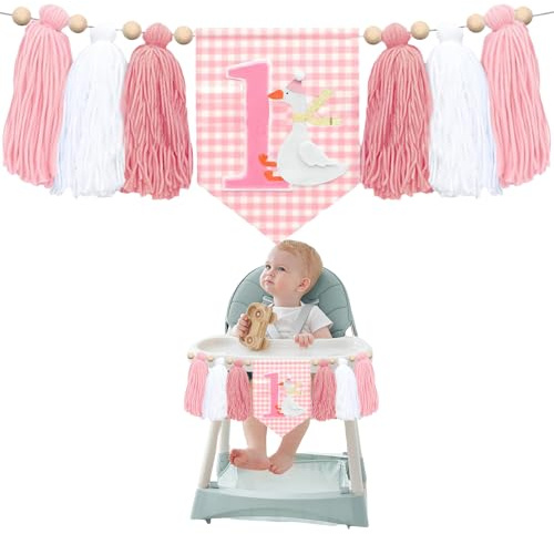 GlamRays 1 födelsedag barnstol banner en gås dekorationer blommor gräsmatta party foto rekvisita rolig gås tofs (rosa gås födelsedag-banderoll)