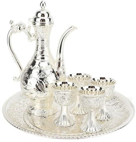 Changor Vintage Turkish Coffee Pot Cups Set, Coffee Glasses Cups Set, Turkish Tea Set, Luxurious Metal Teapot Tea Tray and 4 Cups Set for Home Party Decor (Silver)