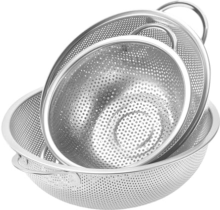 JIAYUET 3PCS Stainless Steel Colander with Handle,3 Size Metal Kitchen Colanders Micro-Perforated Design for Rice, Pasta, Vegetables, Dishwasher Safe Strainer(16.5/19.5/22.5cm)