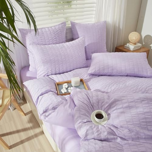 YASMENG Seersucker - Juego de ropa de cama de 135 x 200 cm, 4 piezas, diseño a rayas, color lila, ropa de cama de verano, suave y transpirable, microfibra, funda nórdica con cremallera y 2 fundas de