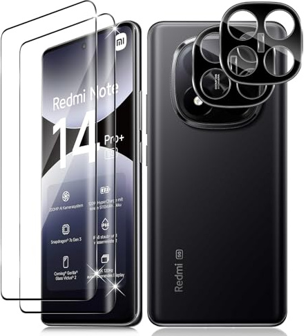 Vanrain Cristal Templado para Xiaomi Redmi Note 14 Pro Plus 5G, 2+2 Piezas Protector de Pantalla y Protector de Lente de Cámara, 9H Dureza Alta Definició Anti-Arañazo