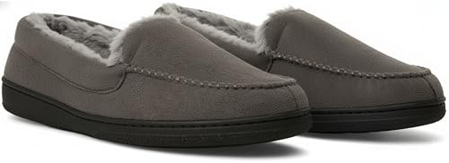 Moelund Men’s Moccasin Slippers – Grey | Memory Foam, Faux Fur Lined, Indoor Outdoor Sole | Warm & Cozy House Shoes for Men – Size 9-10 UK