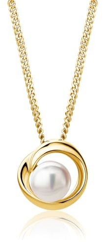 MIORE Collares Mujer de Plata con Colgante de Perla Blanca de 8 mm, Plata Sterling 925 Chapado en oro de 18 ct, Cadena Barbada a 45 cm, Hipoalergénico, Joyería hecha a mano con Estuche para Joyas