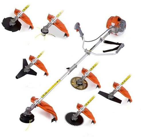 Desbrozadora de Gasolina Multifunción 52cc, Motor 2 Tiempos, 3,5CV con 7 Accesorios de Corte, Manillar Doble, Arnés y Kit de Herramientas, para Jardín y Maleza
