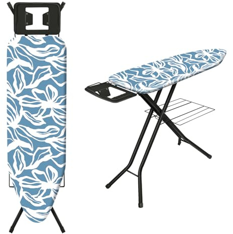 TEENO Tabla De Planchar Plegable 122 x 38 cm, Compatible con Plancha De Vapor, Cerradura Segura,7 Ajustes De Altura,100% Algodón,Universal para Hogar/Lavandería(Azul Estampado)