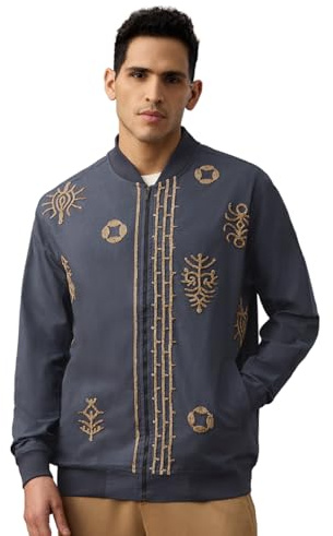 The Souled Store Linnejacka: Blå aztek män och pojkar helärmar mandarin krage marinblå broderad bomull linne överdimensionerad passform lätt vinter vardaglig linnejacka, Blå aztek, XXL