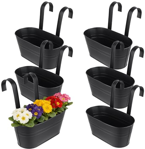 TAICHEUT 6PCS Metal Hanging Plant Pots with Detachable Hook, Black Fence Flower Buckets for Indoor, Outdoor Garden Balcony Decor