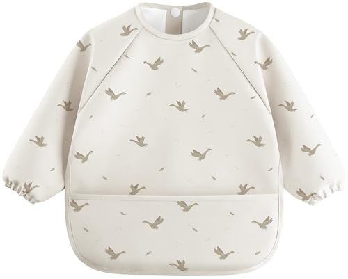bearmoss Bavoir Manche Longues Bebe & BLW Bavette de Sevrage Avec Manches Longues,Matière Douce et Agréable à la Peau Impermeable Bavoir en PU Pour Bébés Infants en Bas âge (Imprimé Jaune)