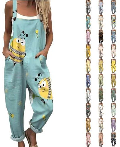 Angxiwan Dungarees for Women UK Plus Size Bee Floral Printed Wide Leg Bib Overalls With Pockets Summer Casual Adjustable Straps Loose Fit Sleeveless Jumpsuit Suspender for Holiday Everyday