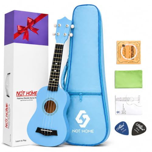 Sopran-Ukulele, Anfänger-Set, 53,3 cm, Lindenholz, Starter-Set mit Gigbag, Digital-Tuner, Ersatzsaiten und Plektren (blau)