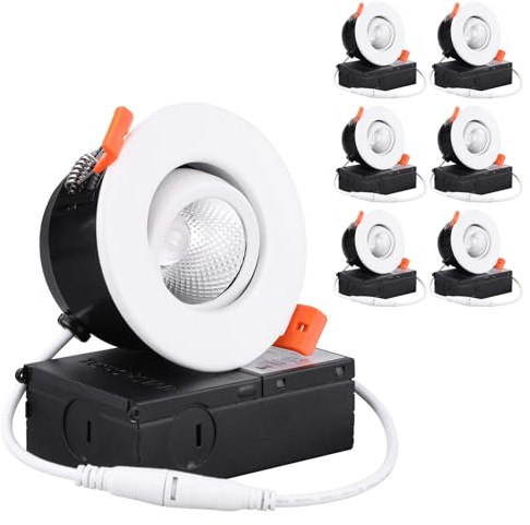TORCHSTAR 3 Inch Gimbal LED Recessed Light with Junction Box, CRI 90+ Dimmable Swivel Adjustable Eyeball Downlight, 7W (50W Eqv.), Canless LED Ceiling Light, 5000K Daylight, White, Pack of 6