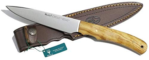 Muela Cuchillo CRIOLLO-17.OL hoja de acero ACX-380 de 17 cm y empuñadura de madera de olivo para Caza, Pesca, Supervivencia y Bushcraft Realizado en Ciudad Real + Portabotellas de regalo