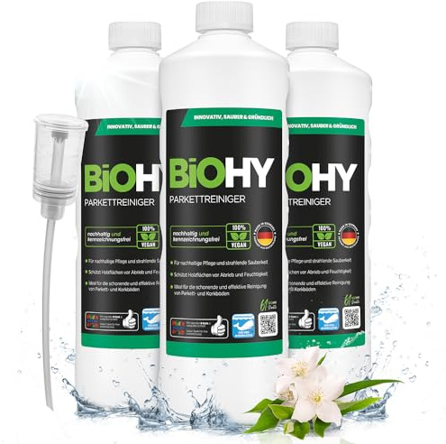 BiOHY Parkettreiniger (3 x 1 Liter) + Dosierer | Konzentrat für versiegeltes & geöltes Parkett | materialschonend & schmutzlösend | für eine streifenfreie Reinigung | 2 in 1 Pflege & Reinigungsmittel