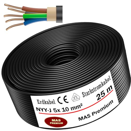 MAS Premium Erdkabel Stromkabel 5, 10, 15, 20, 25, 30 oder 35m NYY-J 5x10 mm² Elektrokabel Ring zur Verlegung im Freien, Erdreich (25m)