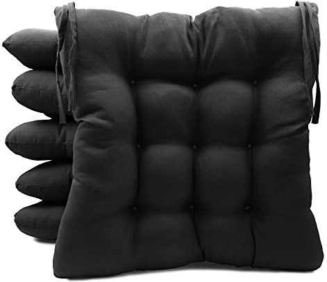 Meishida Pack de 6 Cojines para Sillas de Exterior e Interior Reversibles 40 x 40 x 7 cm, con Correas de Sujeción (Negro)