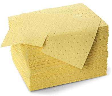 DENSORB Chemikalienbindemittel, Bindevlies mit Schutzschichten für die Aufnahme aggressiver Säuren, Lösungsmittel und Laugen, 3-lagig, Materialstärke: Light, 40 x 50 cm, Gelb, 100 Tücher