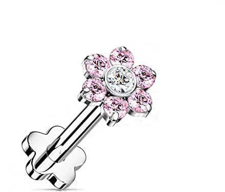 Paula & Fritz® Push-In Labret Piercing Silber Zirkonia Pink Titan-IUM Grade 23 Kugel Piercing Mehrfarbig 1,2-mm Stab-Dicke Blüten-Sockel Madonna Medusa