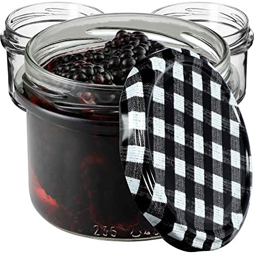 KADAX Set di 10 barattoli per marmellata, 235 ml, con tappo a vite, a quadretti di colore nero, Ø 82 mm, per marmellate, chutney, verdure in salamoia, patè, salumi, carne, alimenti per bambini e molto