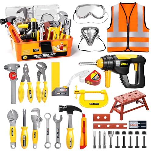 Deejoy Kids Tool Set with Electronic Toy Drill & Construction Vest - Pretend Play Toys for 3 4 5 6 Year Old Boys, ABS Plastic Repair Toolkit with Large Storage Box(Orange)