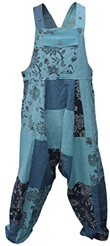 Gheri Mens Loose Fit Patchwork Printed Cotton Harem Dungarees Petrol Blue Mix X-Large