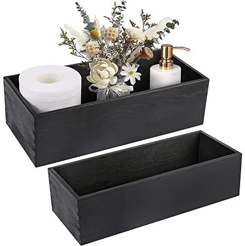 LotFancy Bathroom Decor Box, 2 Pack Wooden Toilet Paper Holder, Black Toilet Tank Storage Basket, Farmhouse Rustic Back of Toilet Tray