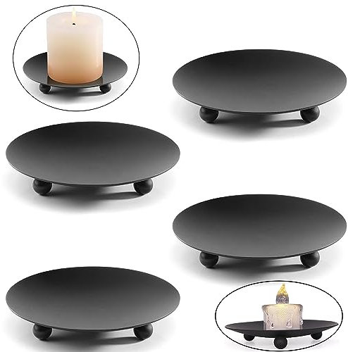 4 Pezzi piatto candela ferro,candelabro, porta candele piastra portacandele vassoio.per candele Led e candele di cera, coni di incenso, matrimonio, decorazione per feste in casa(Nero)
