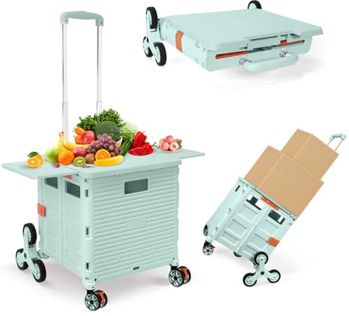 Foldable Utility Cart with Stair Climbing Wheels,Collapsible Rolling Crate with Magnetic Lid Telescopic Cover,Telescoping Handle,360° Rotate Wheel Hand Cart for Teacher Shopping Moving Grocery(Green)