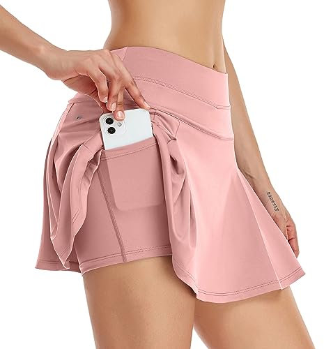 VUTRU Damen Tennisröcke Hohe Taille Tennis Skort mit Taschen Laufröcke Sport Golfrock mit Innenhose Hellrosa L