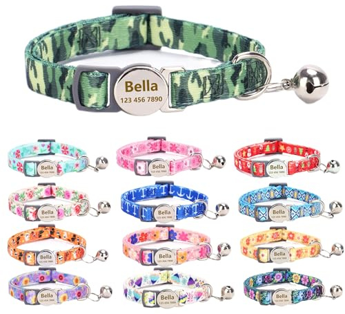 Moonpet Personalisiertes Katzenhalsband mit Namen und Telefonnummer, Katzenhalsband mit Sicherheitsverschluss und glöckchen-Grüne Tarnung