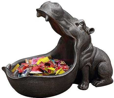 Obelunrp Hippo Key Bowl, 30cm/11.8inch Resin Halloween Hippopotamus Candy Dish, Big Mouth Hippo Statues Decor, Table Art Sculpture Organizer Gift for Christmas Housewarming (Gray)