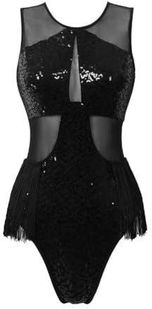 Vsadsau Pailletten Bodysuit Frauen Ärmellos Gymnastik Ballett Tanz Trikot Einteiler Latein Ballerina Kostüm, Schwarz , 42