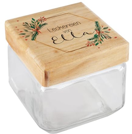 Herz & Heim® Vorratsglas mit Holzdeckel inkl. individuellem Aufdruck (polygoner Weihnachtskranz, 11 cm x 11 cm x 11 cm (B/T/H))