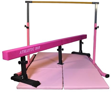 Iron Bar Gymnastics Bar Horizontal Bar 5 FT Height Adjustable Kip Bar Full Set + 6 FT x 4 FT Tumble Mat + 8 FT Adjustable Balance Beam for Kids Gymnasts, Boys Girls Home Gymnastic Training Set Pink