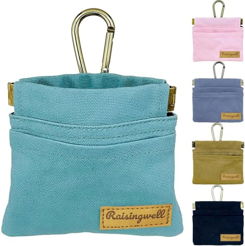 Raisingwell Dog Treat Pouch, Green Pocket Sized Pet Training Pouch, Cotton Fabric, Hand Free Dog Walking Bag with Carabiner, Self-Closing Pet Feed Snack Reward, for Puppy Travel or Outdoor Use